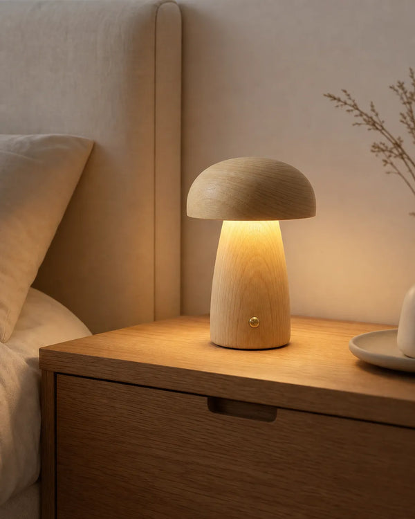 Lampe champignon en bois clair allumée sur une table de chevet