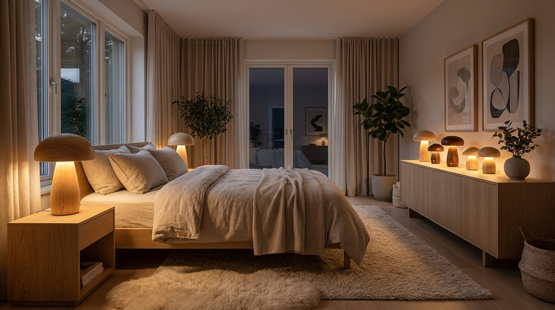 Chambre avec lampe champignon bois Lumea