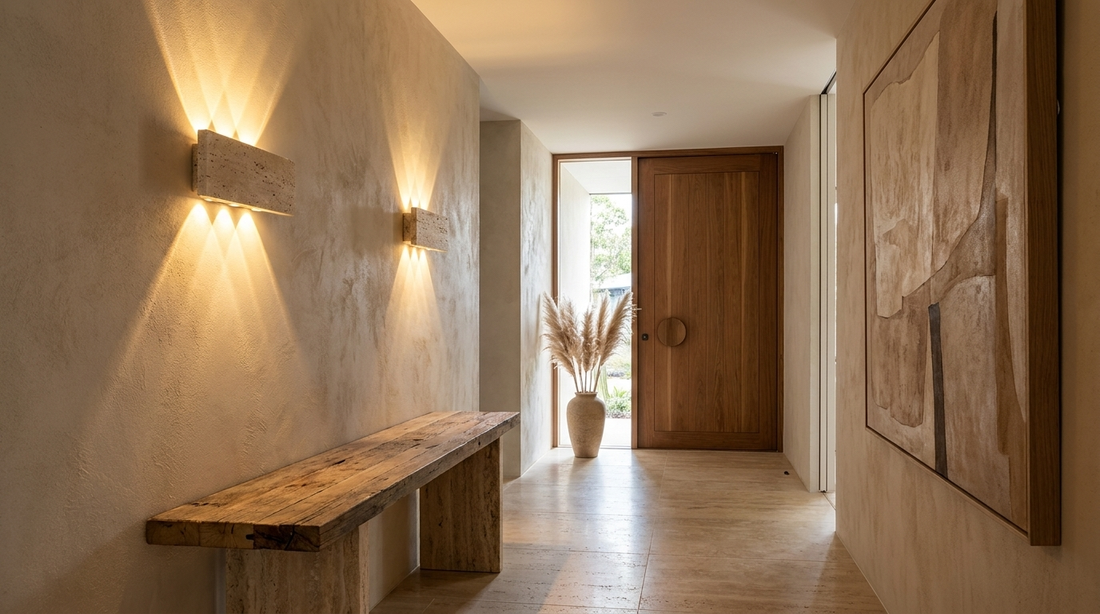 Appliques murales travertin Lumea dans un couloir