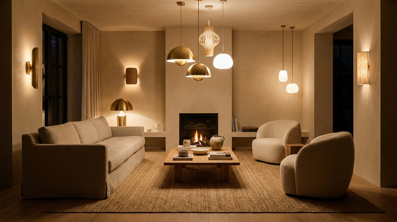 Salon design avec differentes suspensions et appliques tendances luminaires 2026