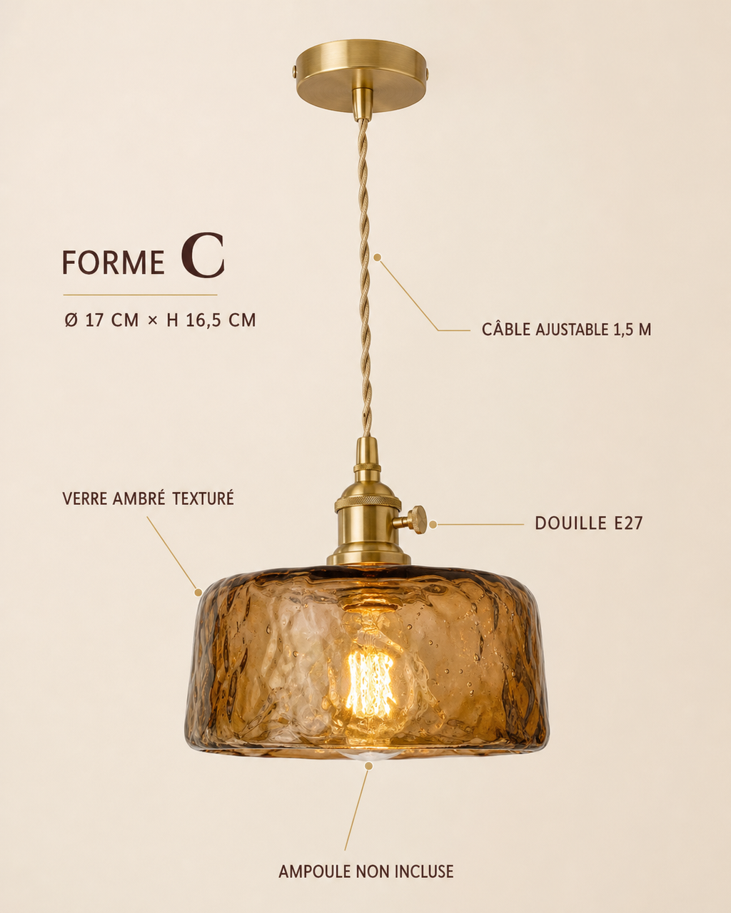 Infographie dimensions Suspension verre ambré soufflé