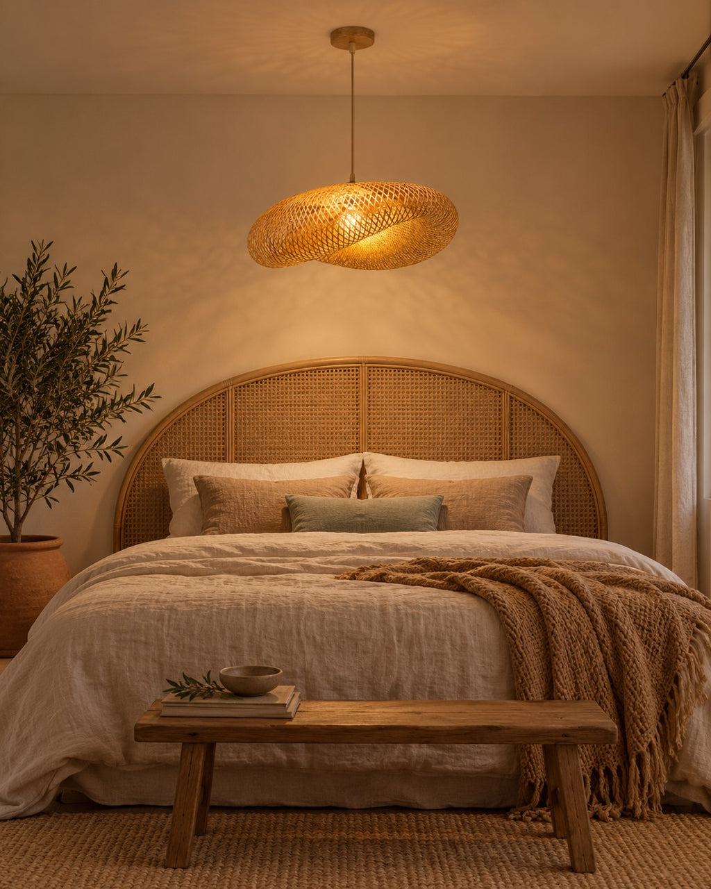 Suspension en bambou au-dessus d'un lit en lin dans une chambre bohème