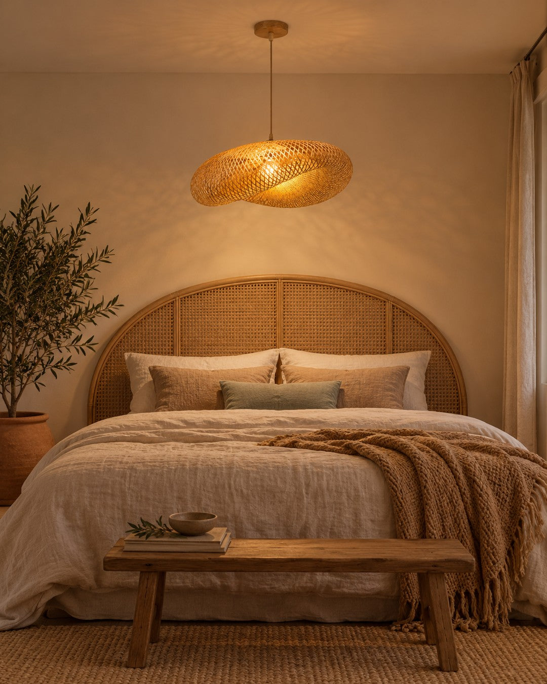 Suspension en bambou au-dessus d'un lit en lin dans une chambre bohème