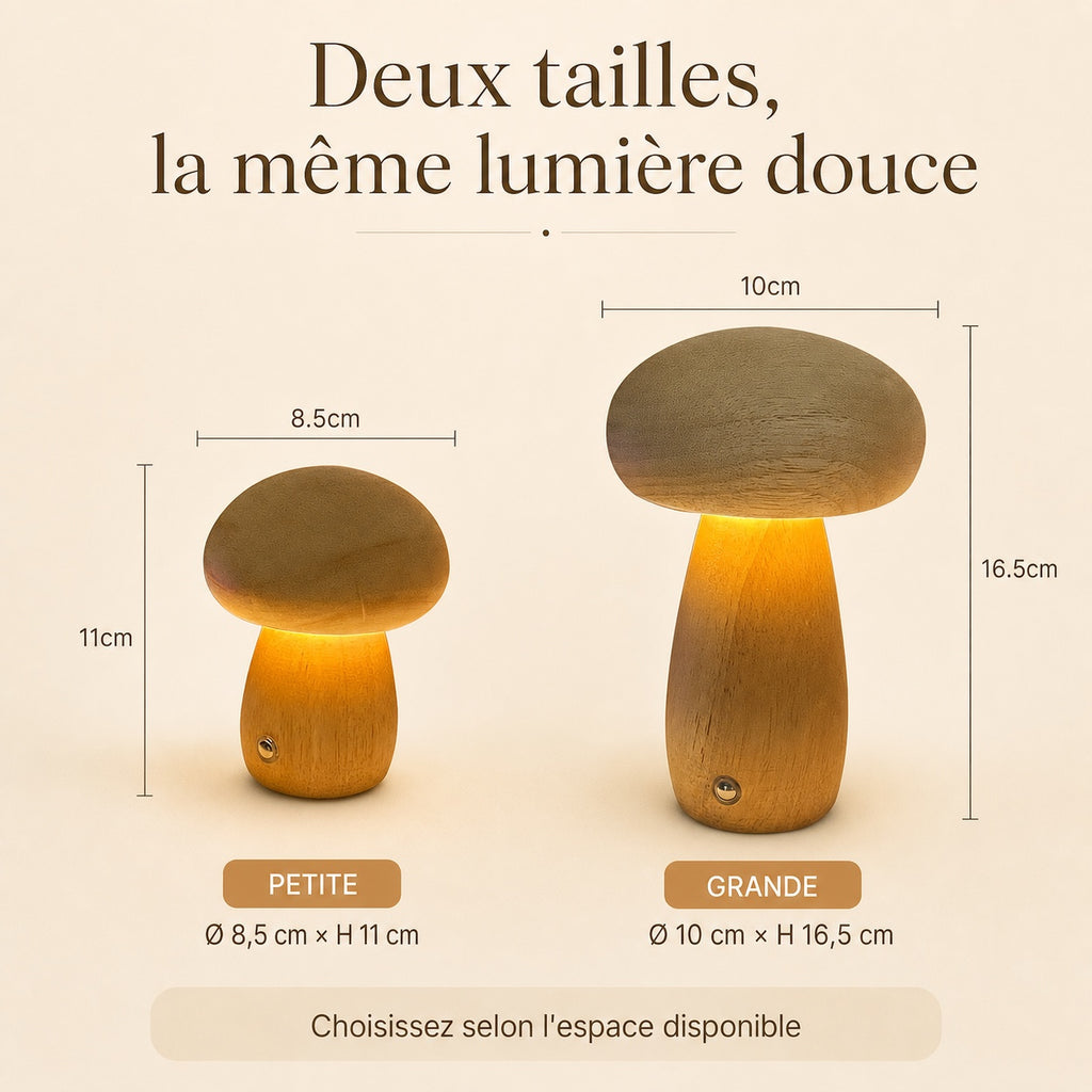 Comparatif des deux tailles de la lampe champignon : petite 8,5 × 11 cm et grande 10 × 16,5 cm