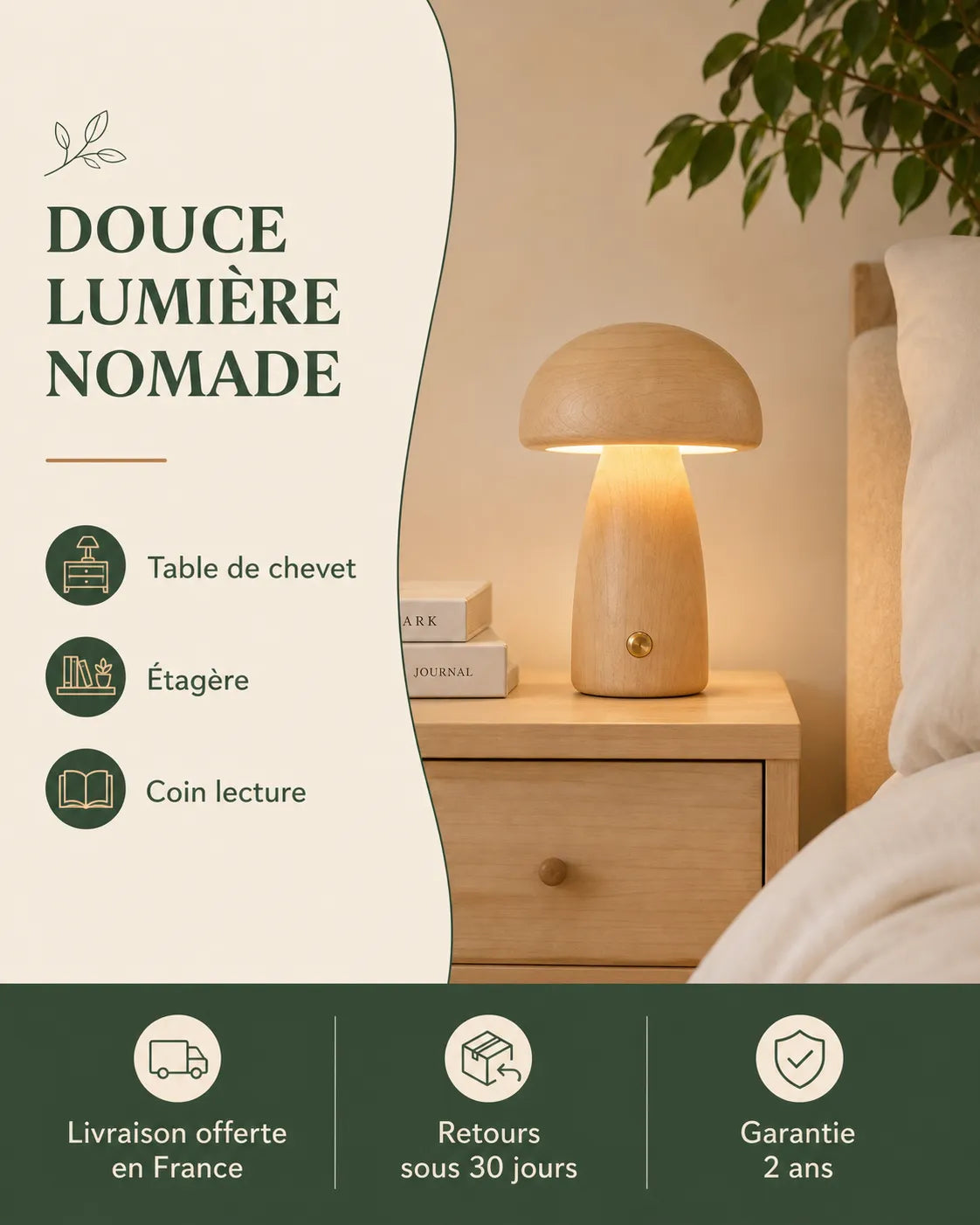 Infographie usages lampe champignon bois