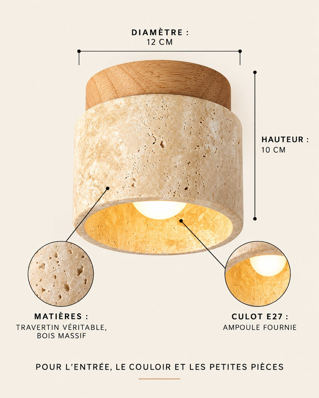 Dimensions du plafonnier : diamètre 12 cm, hauteur 10 cm, culot E27, ampoule fournie