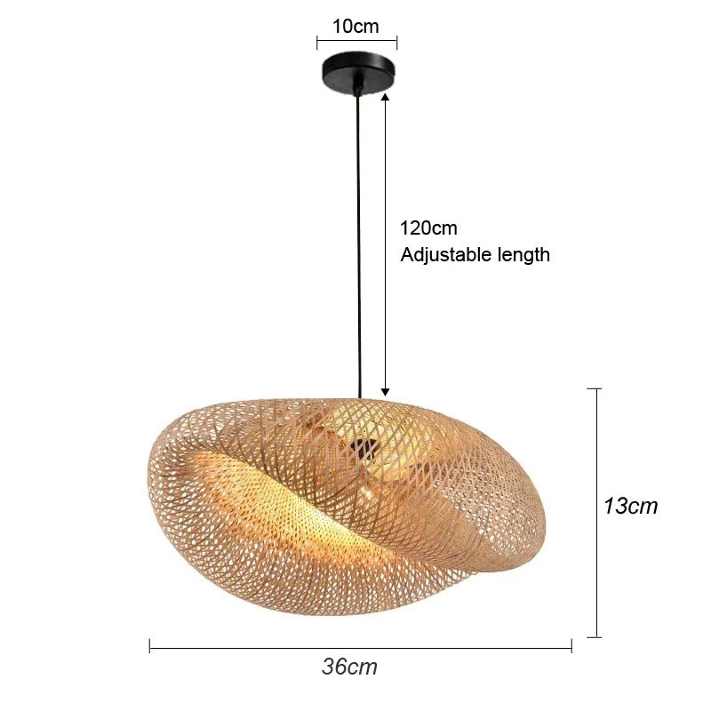 Dimensions du modèle moyen de la suspension en bambou : environ 36 × 13 cm, câble réglable 120 cm