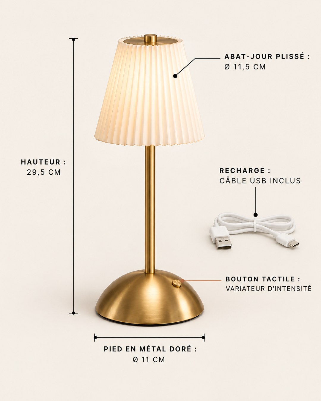 Dimensions et caractéristiques de la lampe sans fil plissée
