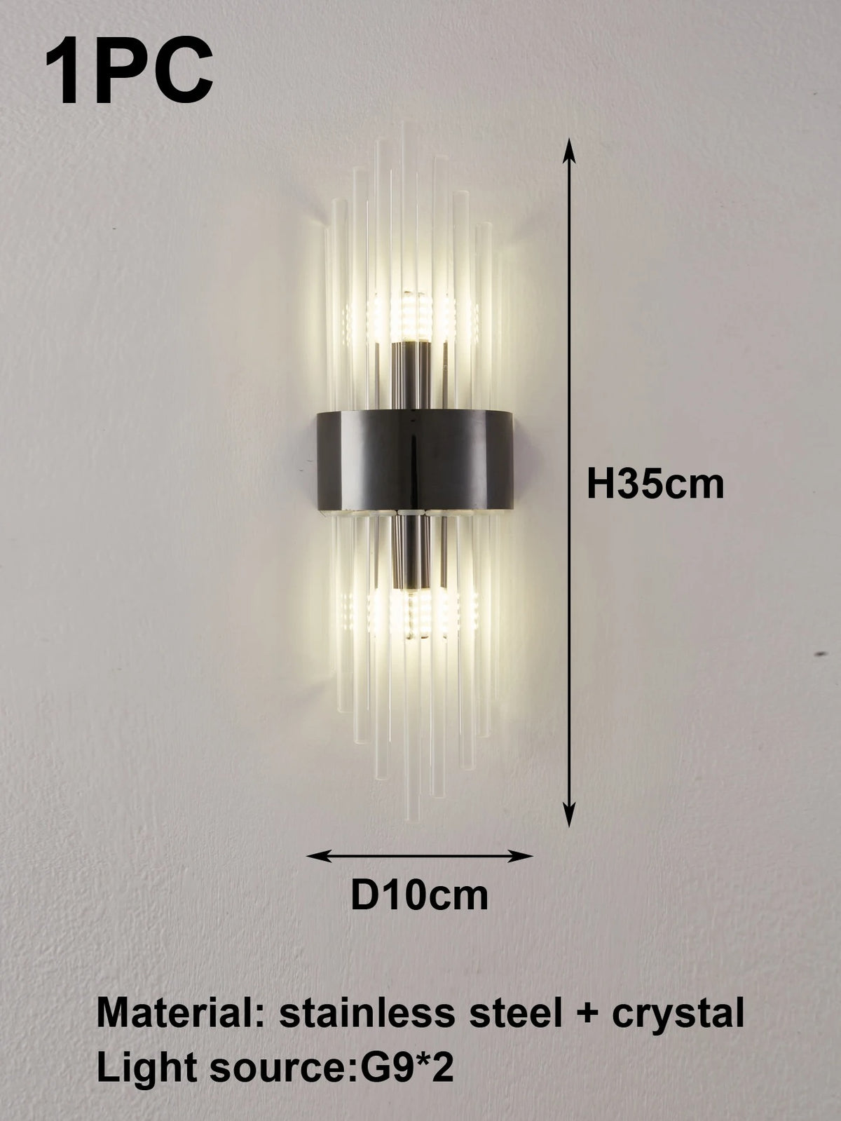 Applique cristal finition noire — 1 applique (1PC), acier inoxydable noir et cristal, H35cm