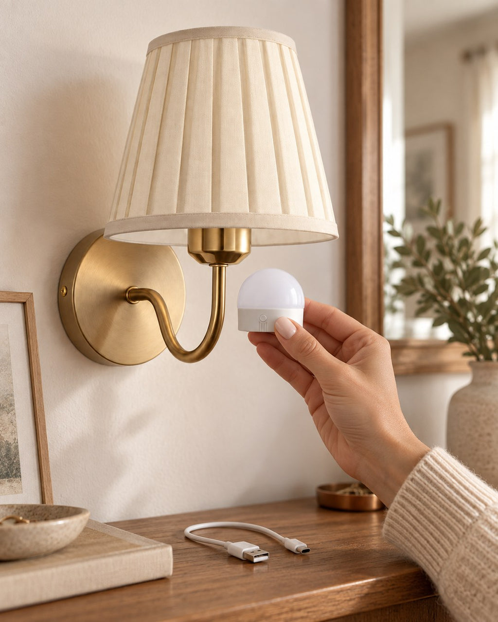 Ampoule rechargeable aimantée placée dans l'applique, câble USB-C