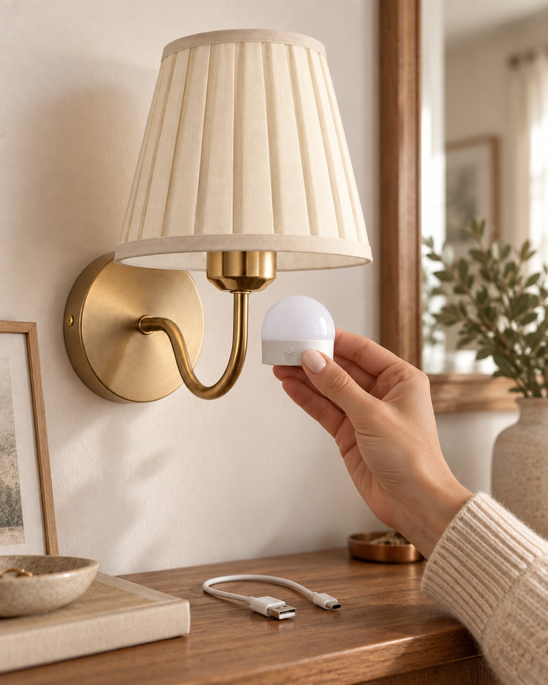 Ampoule rechargeable aimantée placée dans l'applique, câble USB-C
