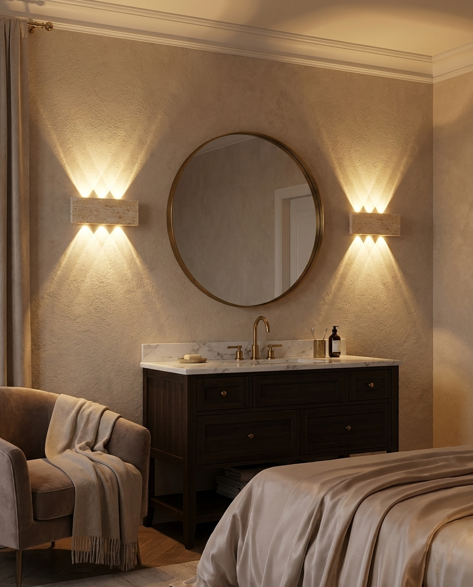 Appliques travertin allumees ambiance soir