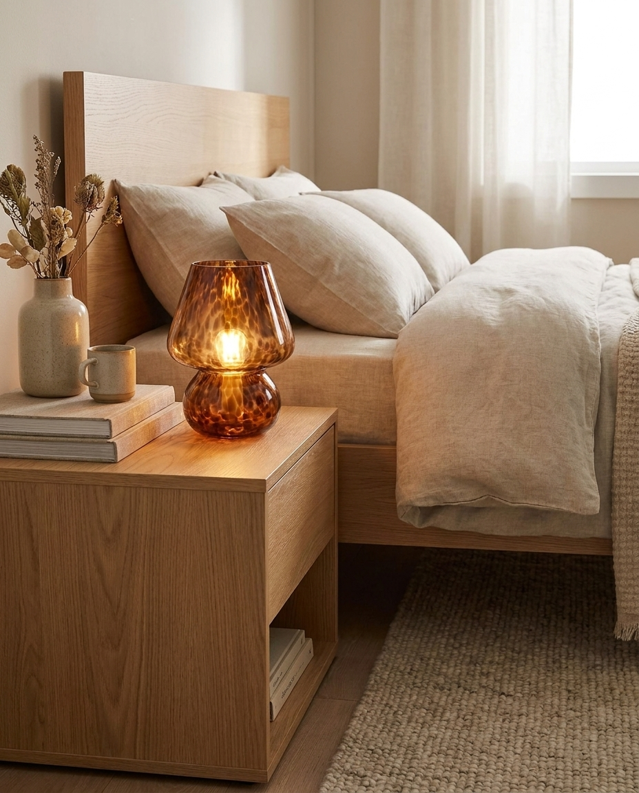 Lampe mushroom verre sur table de chevet