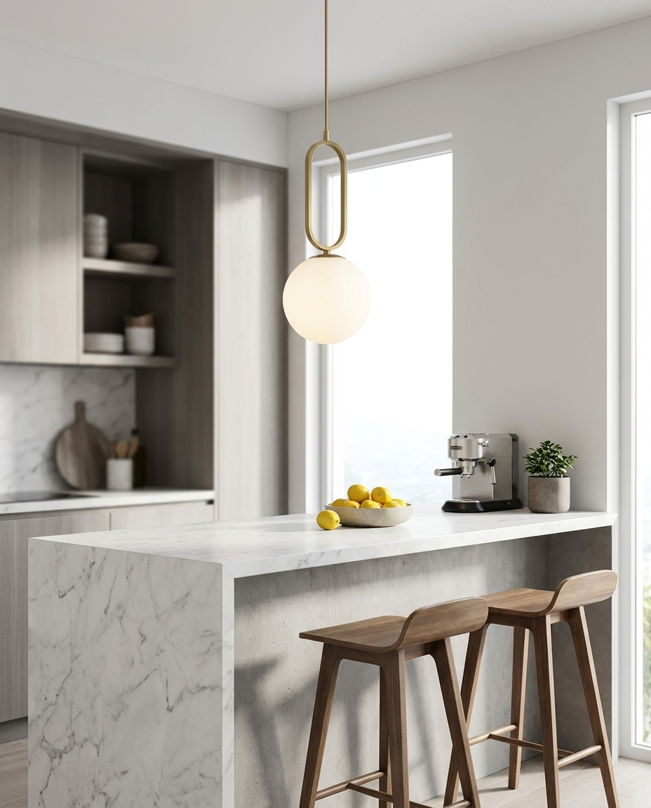 Suspension globe opale au-dessus ilot cuisine