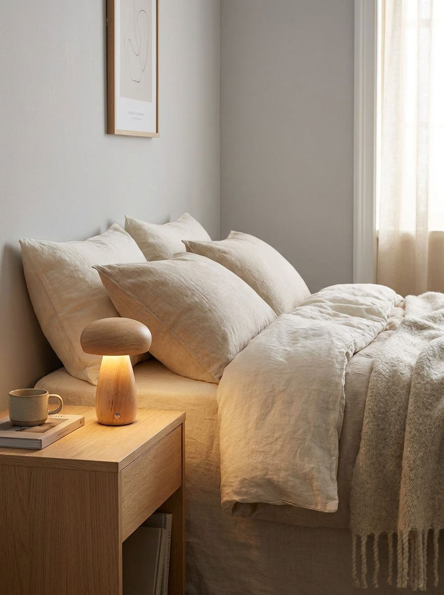 Lampe champignon bois sur table de chevet scandinave