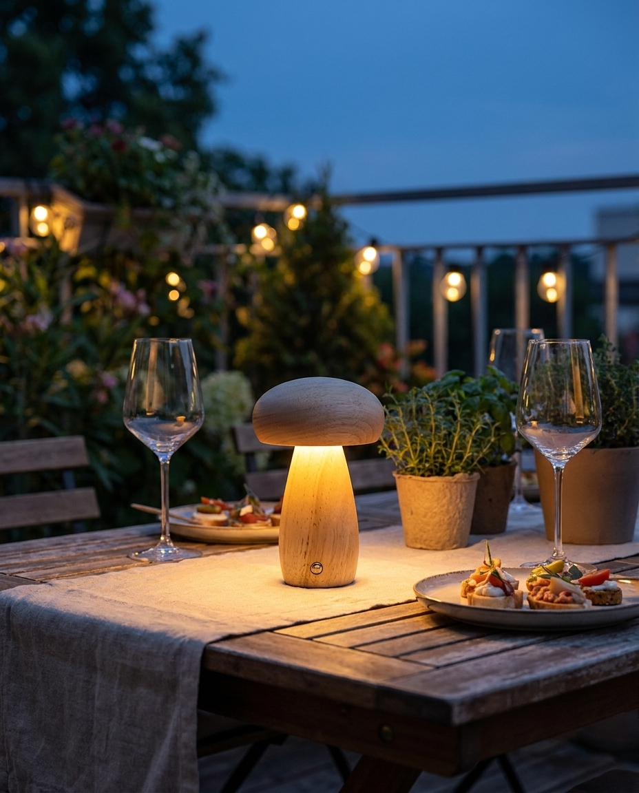 Lampe champignon allumee terrasse soir