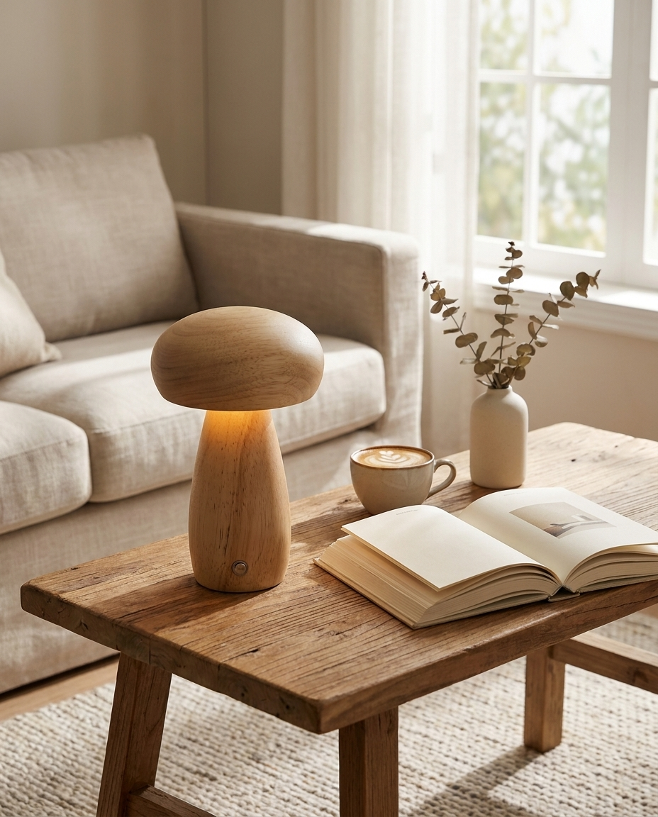 Lampe champignon bois sur bureau avec livre