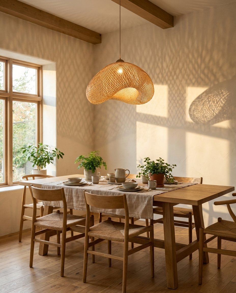 Suspension rotin bambou ambiance naturelle salle a manger