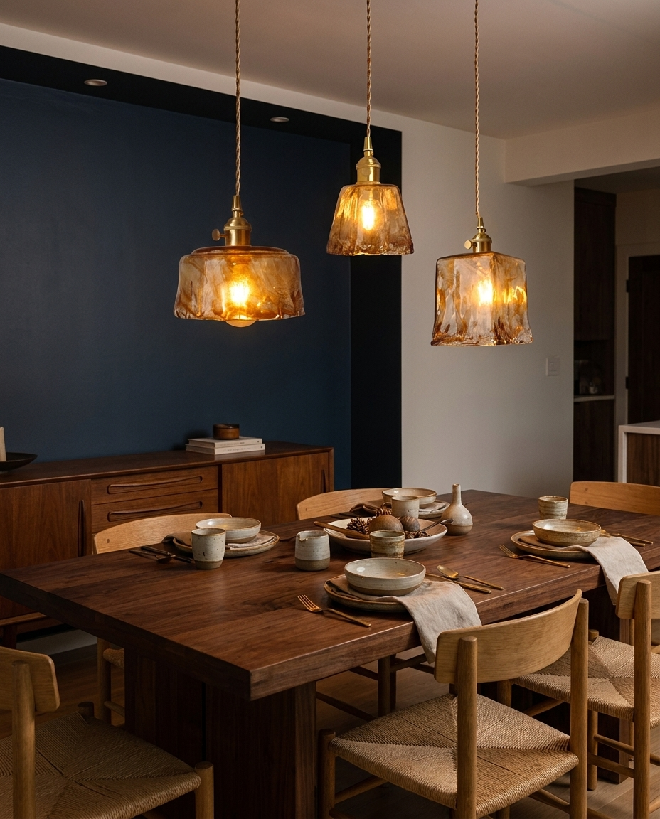 Suspension verre ambre souffle luminaire retro laiton dore cuisine