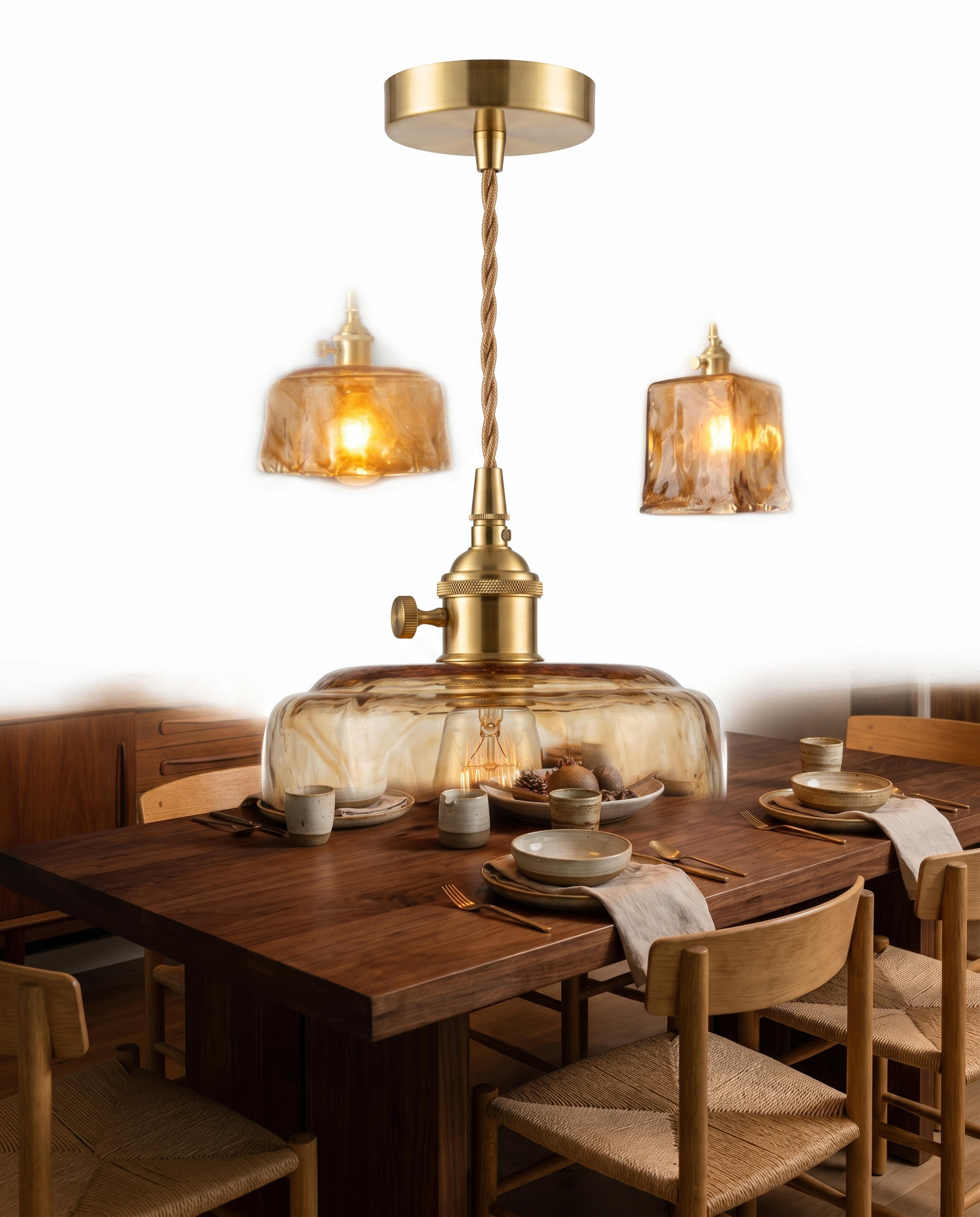 Suspension verre ambre sur fond neutre