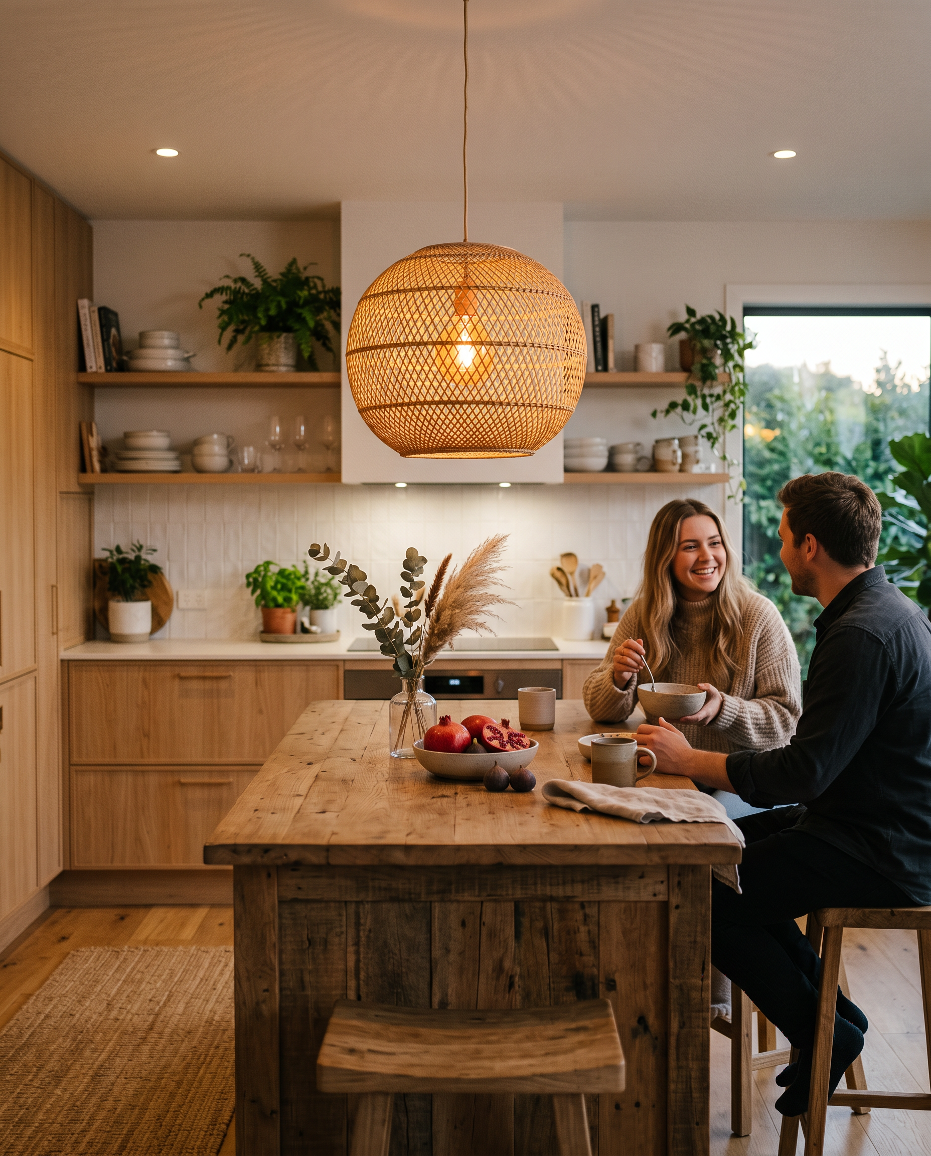 Suspension bambou au-dessus ilot cuisine