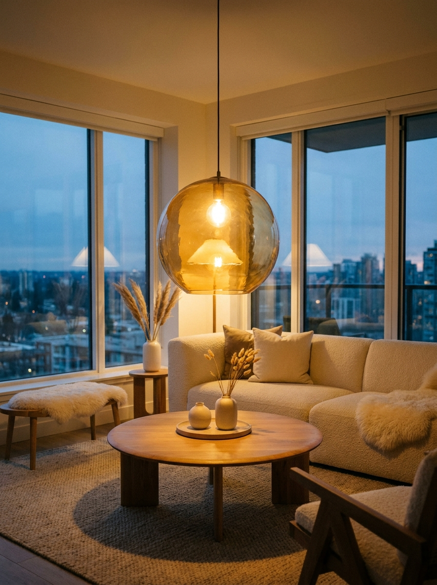 Suspension globe verre ambre dans un salon moderne
