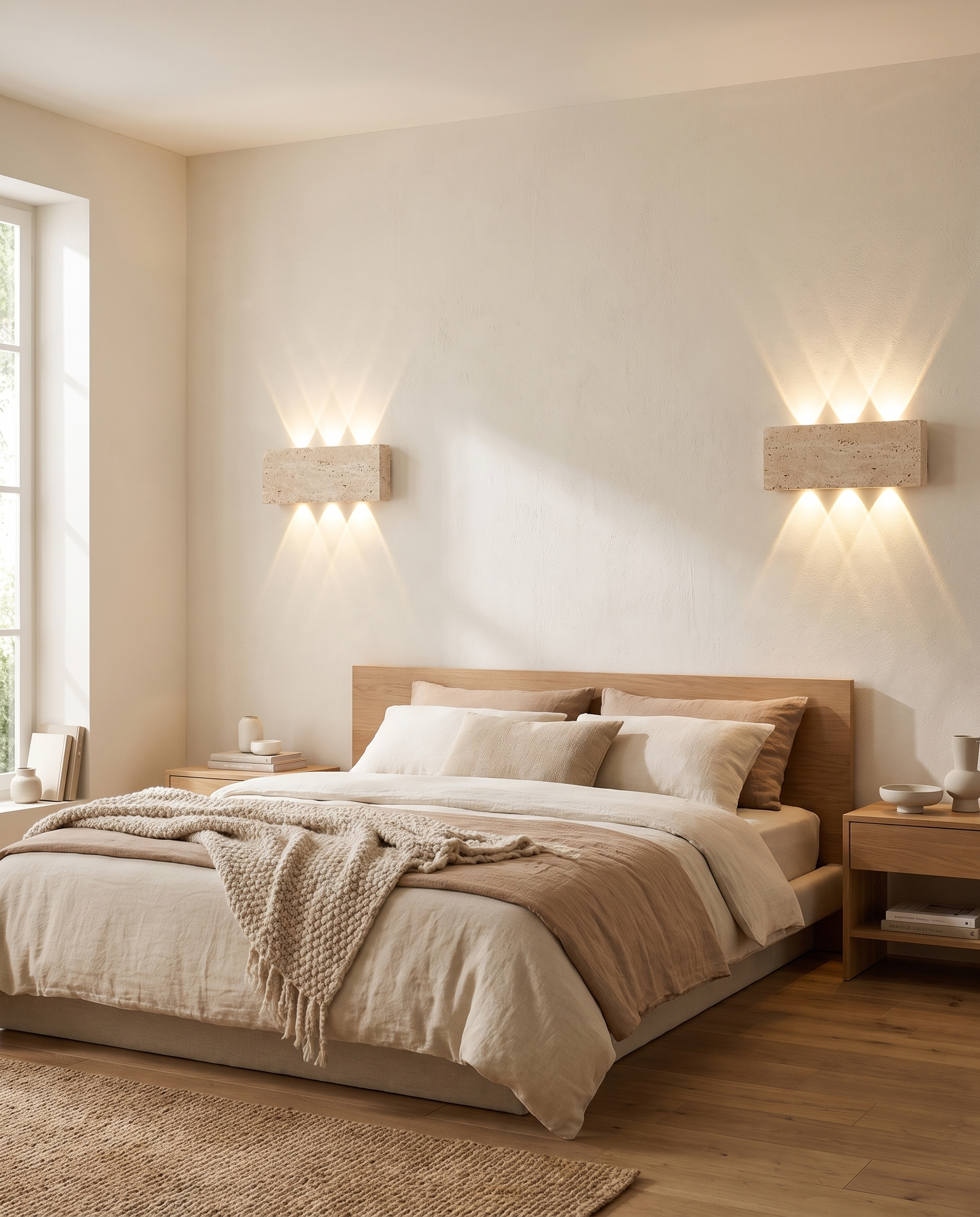 Paire d'appliques murales en travertin naturel de part et d'autre d'une tête de lit, chambre japandi