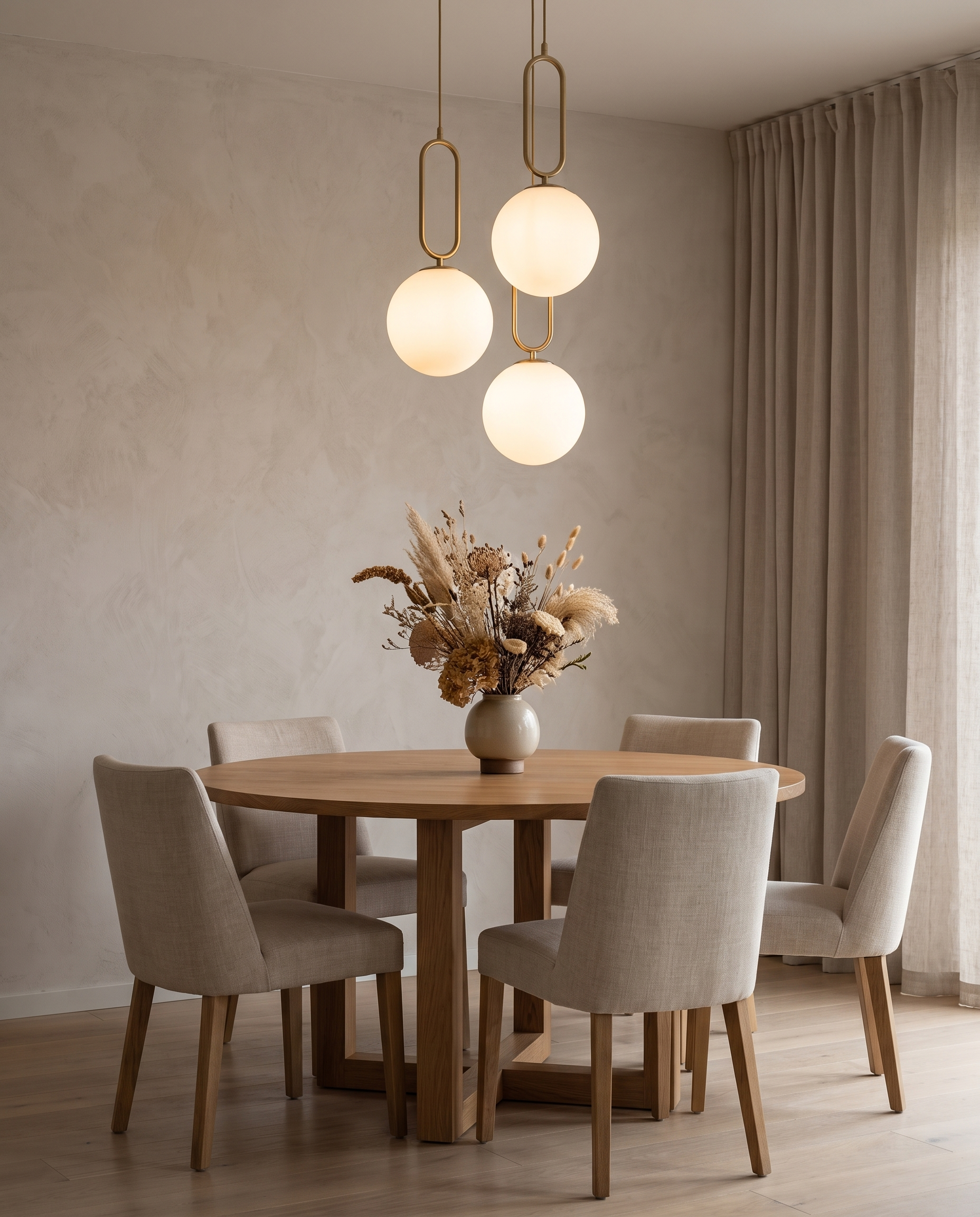 Lot de 3 suspensions globe en verre opale doré au-dessus d'une table à manger scandinave