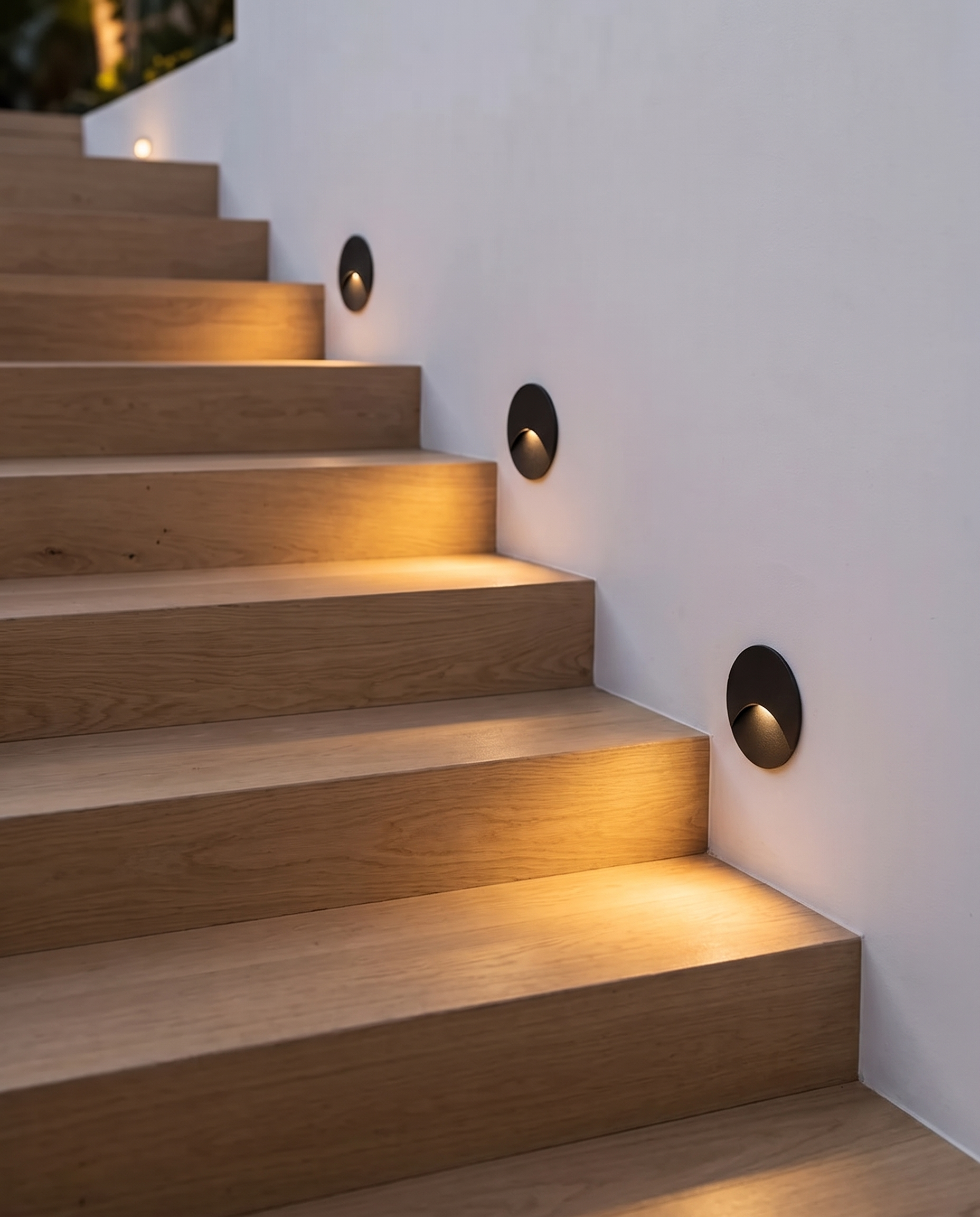 Lot de 4 spots encastrables LED ronds noirs installés sur un escalier en béton, éclairage chaud 3000K
