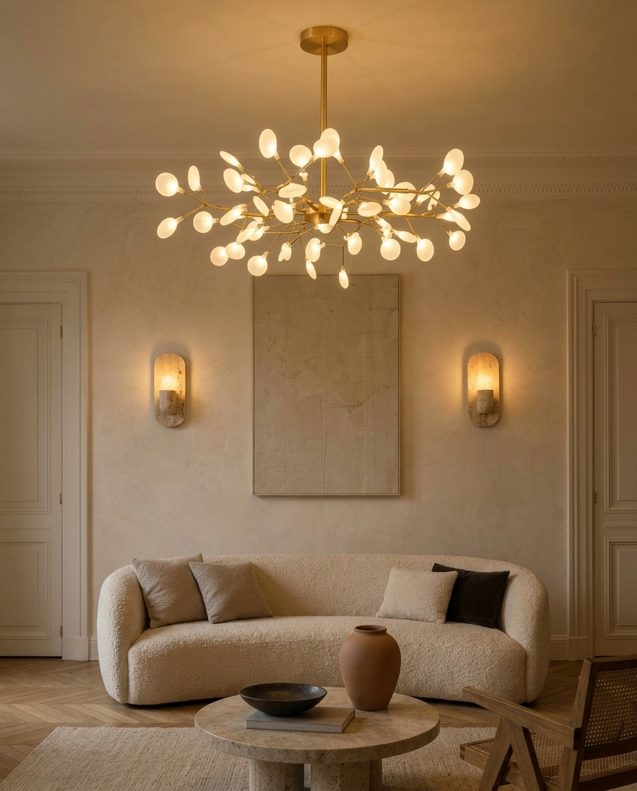Kit Salon Signature : suspension dorée à branches au-dessus d'un canapé bouclé, appliques en travertin au mur, salon scandinave