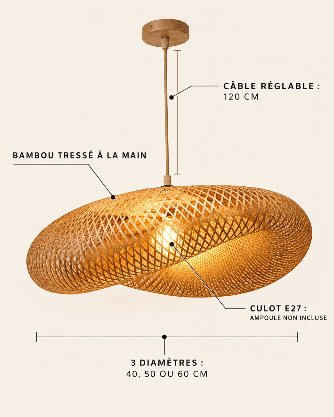 Caractéristiques : bambou tressé à la main, 3 diamètres, câble réglable 120 cm, culot E27