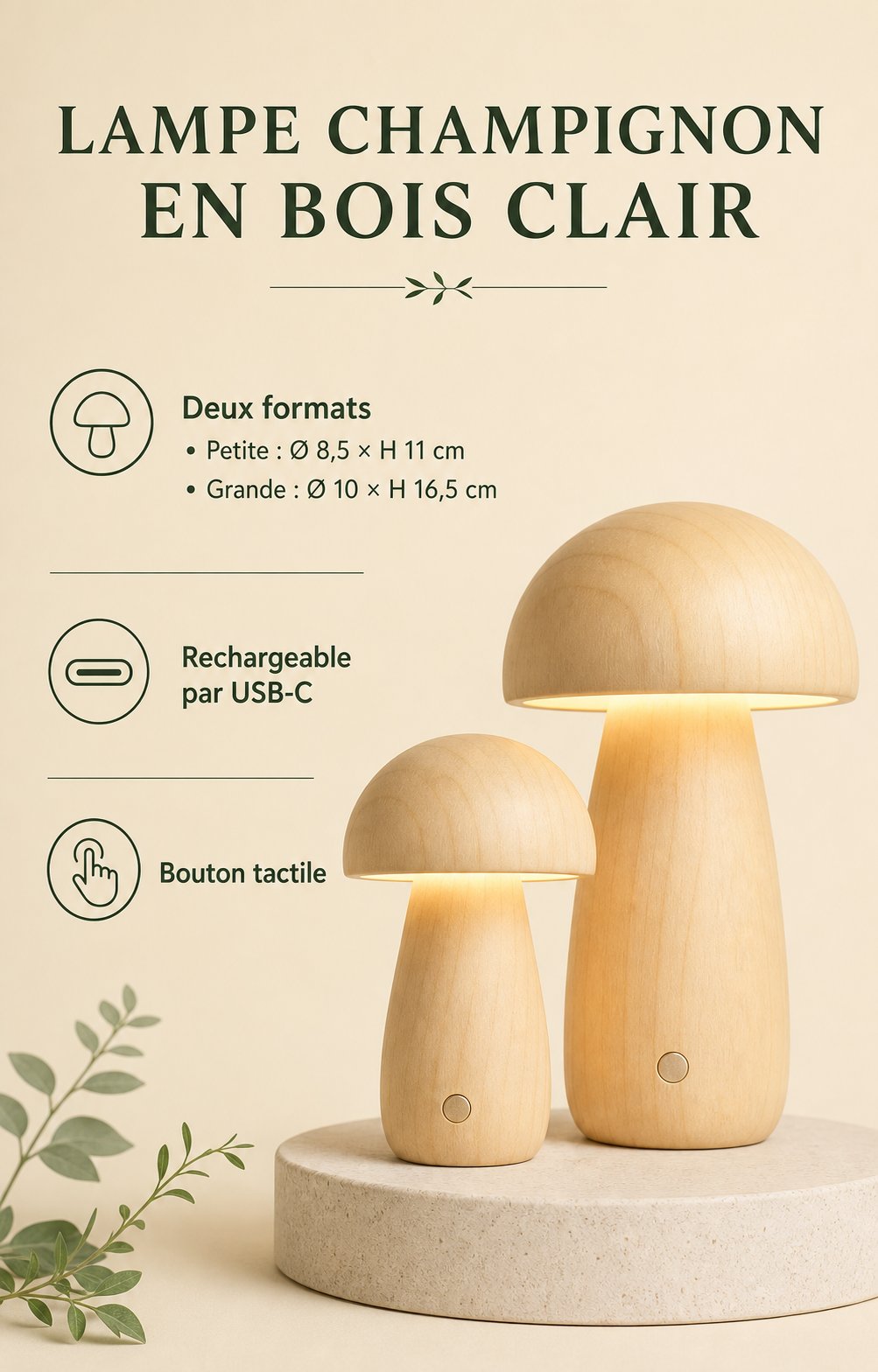 Infographie spécifications Lampe champignon bois rechargeable