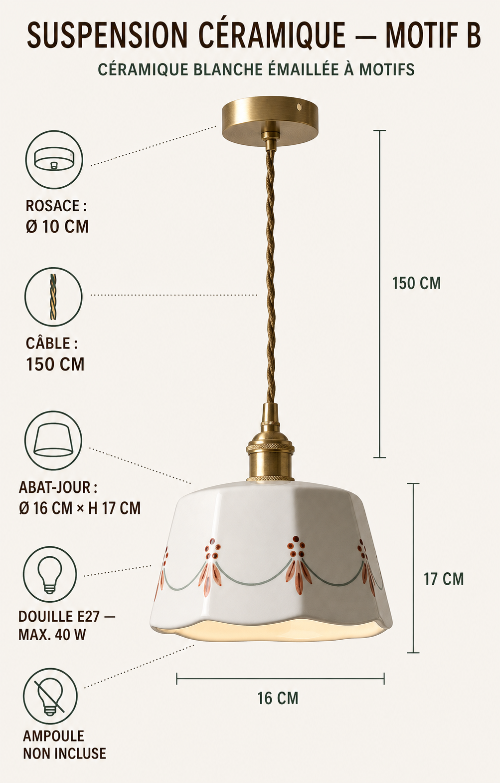 Infographie dimensions Suspension céramique émaillée