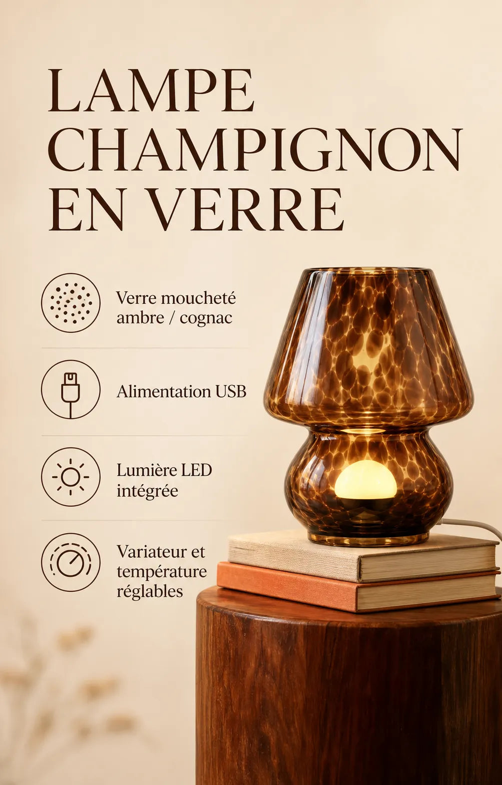 Infographie specifications lampe champignon verre