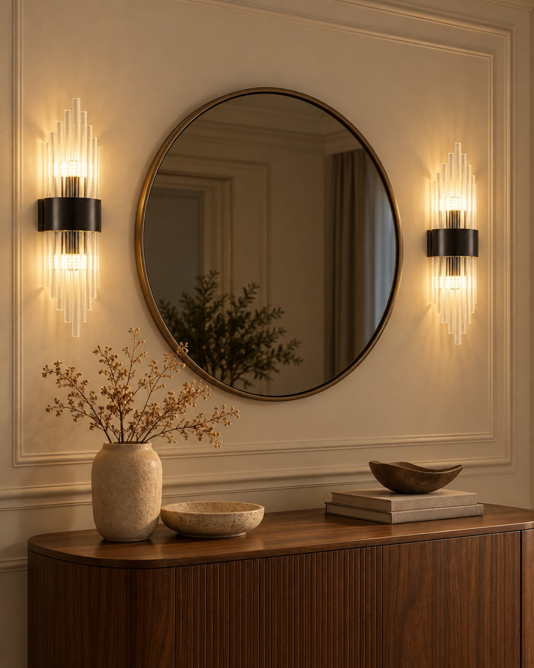 Paire d'appliques en verre taillé finition noire de part et d'autre d'un miroir
