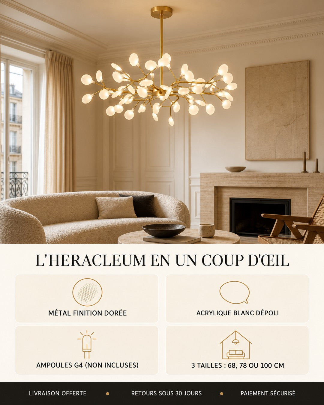 Suspension dorée à branches : métal finition dorée, acrylique dépoli, ampoules G4 non incluses, 3 tailles