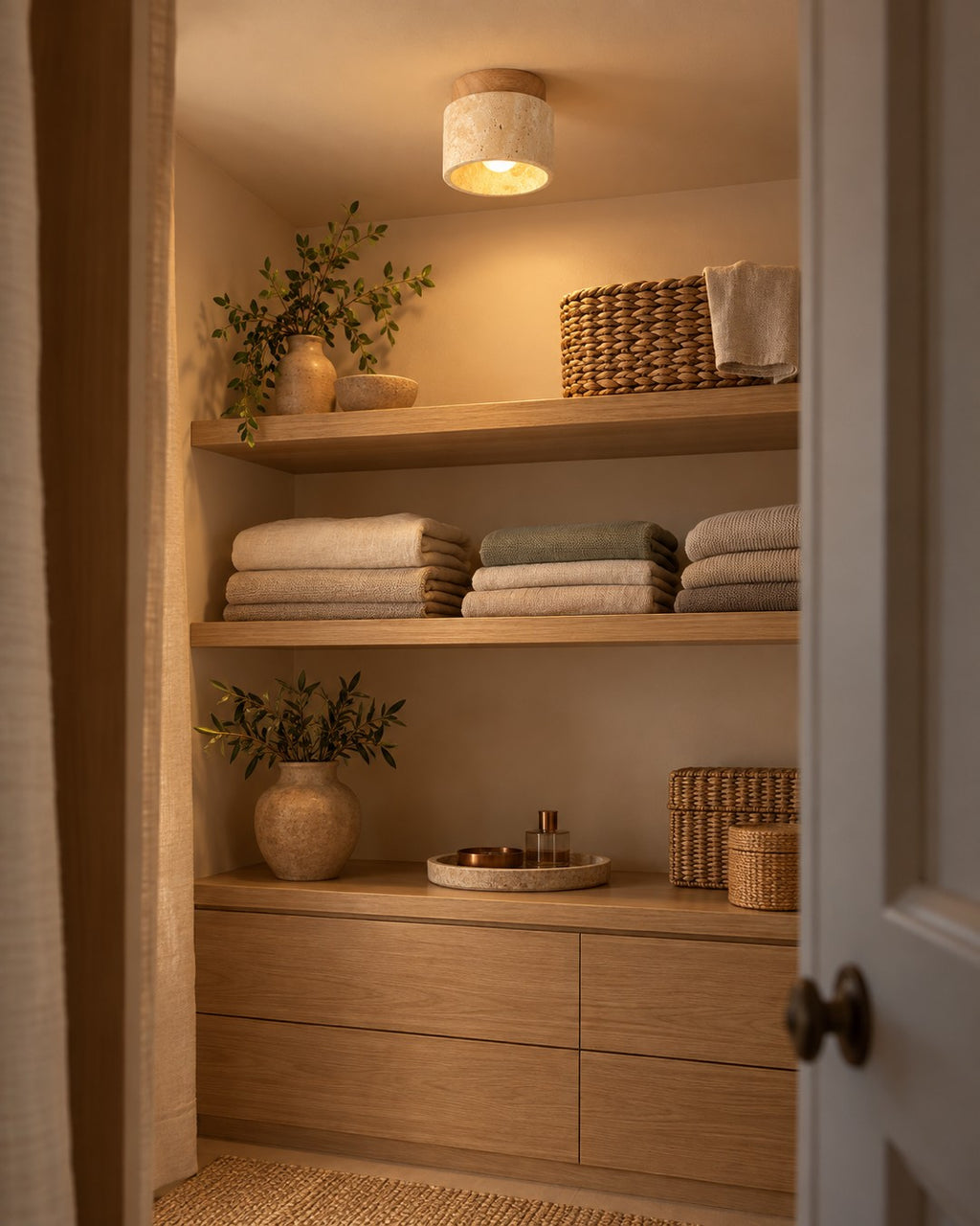 Plafonnier en travertin allumé dans un petit dressing