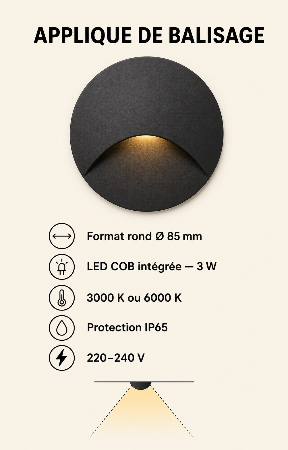 Infographie spécifications Spot mural encastrable LED IP65